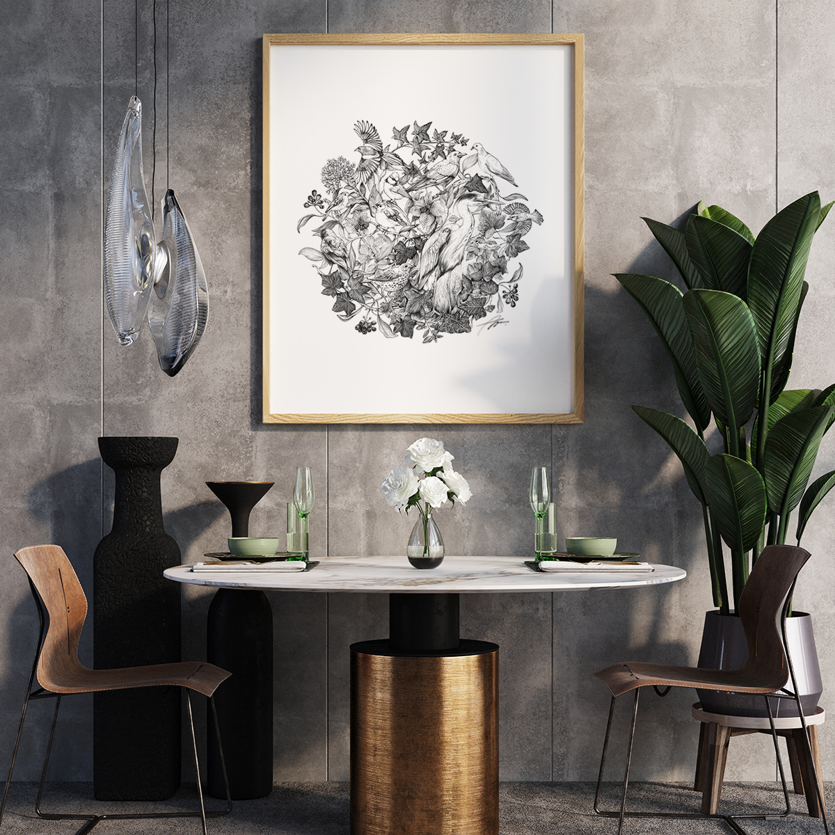 a modern dining area of a hotel with a black and white pen wildlife art of birds and plants by Aga Grandowicz