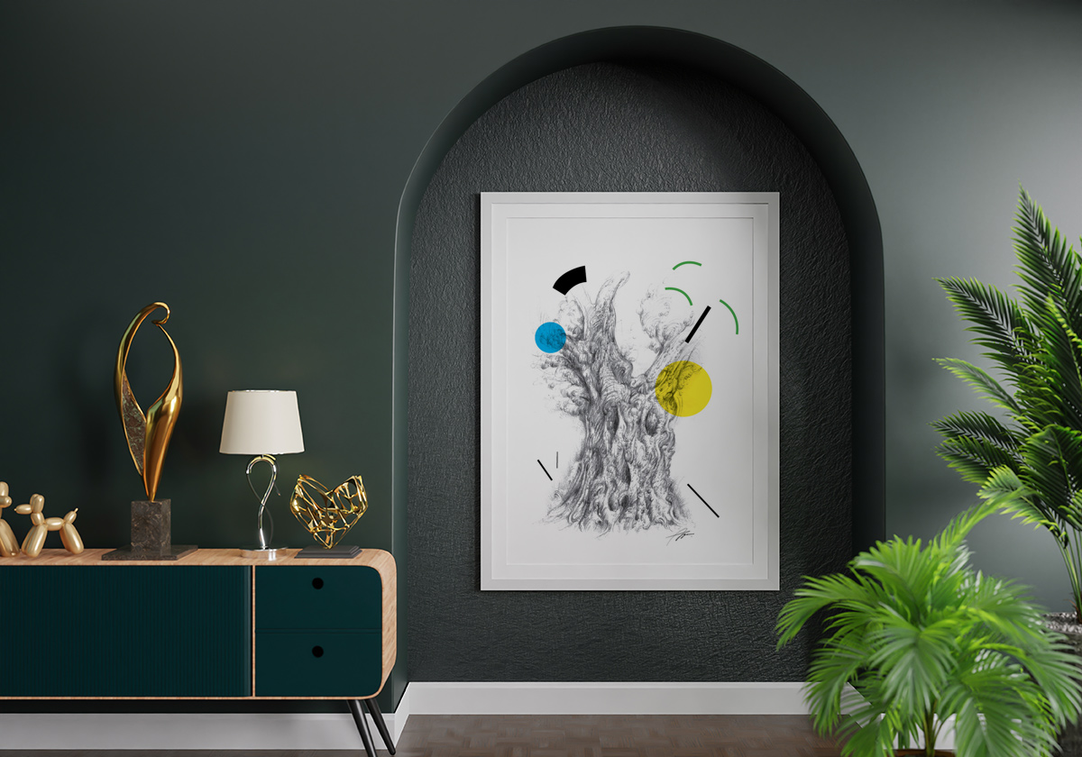 a modern hotel interior with a modern wildlife art of an olive tree by Aga Grandowicz