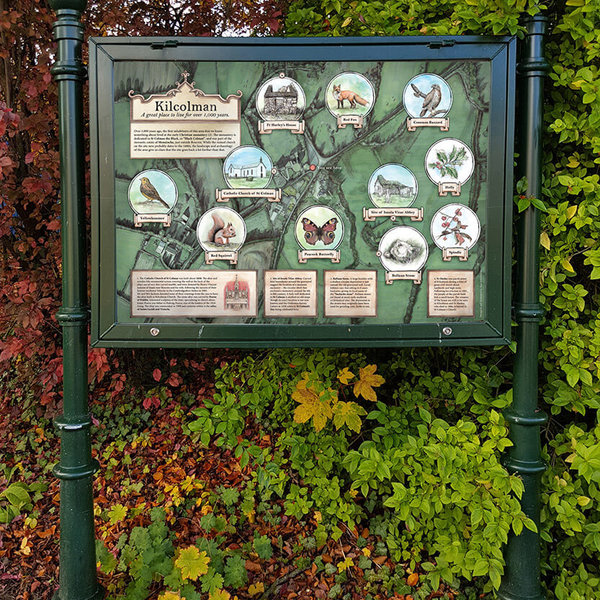 Illustrated information board for Kilcolman about its flora and fauna.