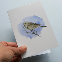 Greeting card, A5 folded to A6, with wildlife illustration of a twite bird.