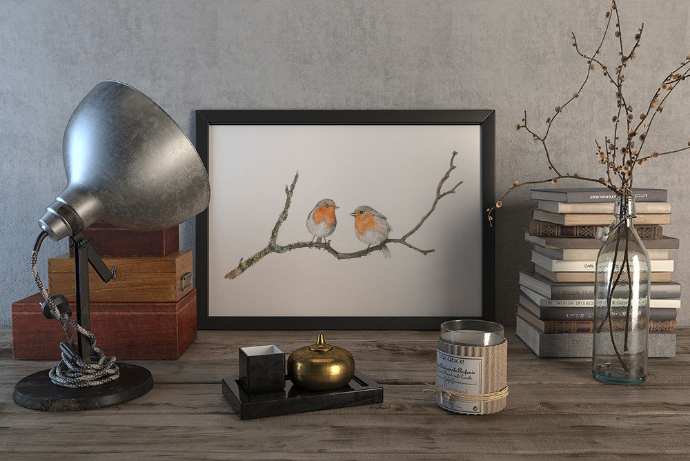 TWO ROBINS ON A BRANCH – A4 AND A4 ART PRINTS by Aga Grandowicz; sample display.