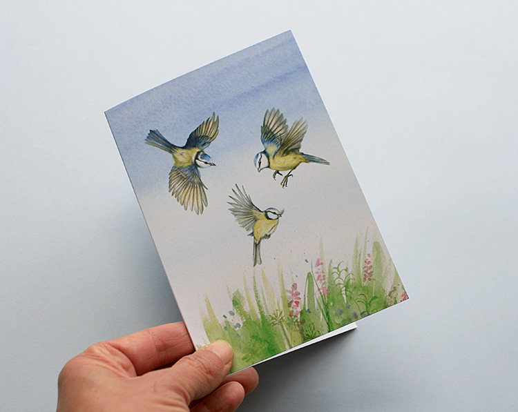 A6 CARD – three blue tits – illustration from 'Blue tit chick' – children's book