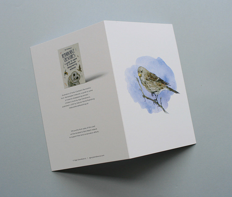 Greeting card, A5 folded to A6, with wildlife illustration of a twite bird_2