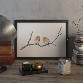 TWO ROBINS ON A BRANCH – A4 AND A4 ART PRINTS by Aga Grandowicz; sample display.
